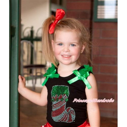 Xmas Black Tank Top With Kelly Green Ruffles & Kelly Green Bow With Sparkle Crystal Bling Christmas Stocking Print TB518 